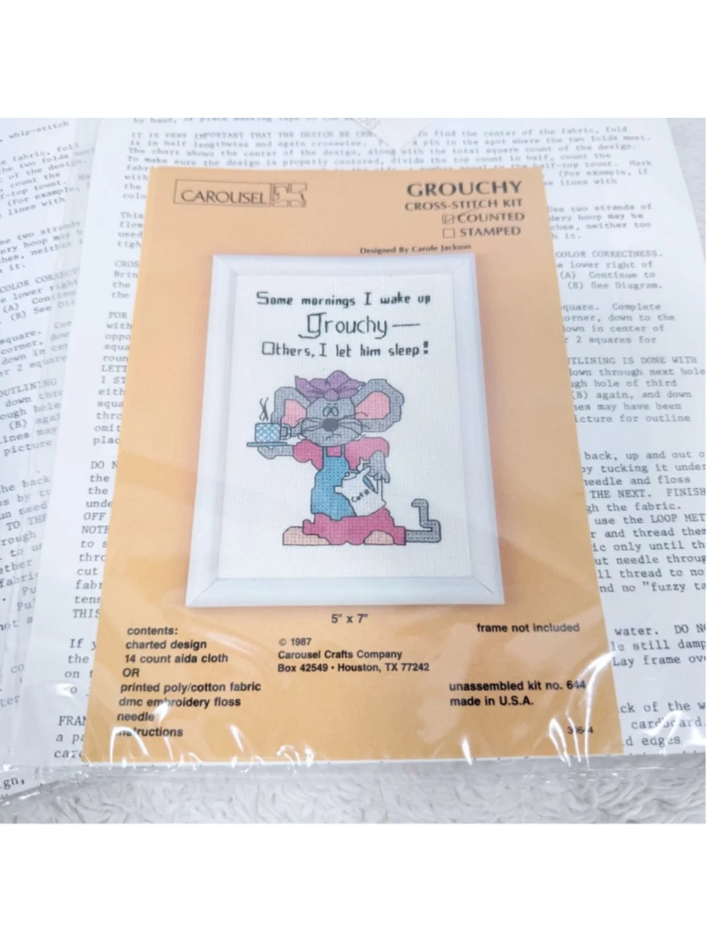 Vtg 1987 Carousel Crafts Counted Cross Stitch Kit Lot 2 Mouse Carole Jackson 5x7